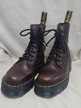 Dr. Martens Jadon Brown Leather Platform Lace-Up Boots with Yellow Stitching